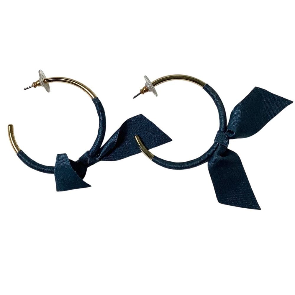 J. Crew Gold Tone Navy Satin Ribbon Wrapped Bow Hoop Earrings Statement E20-16